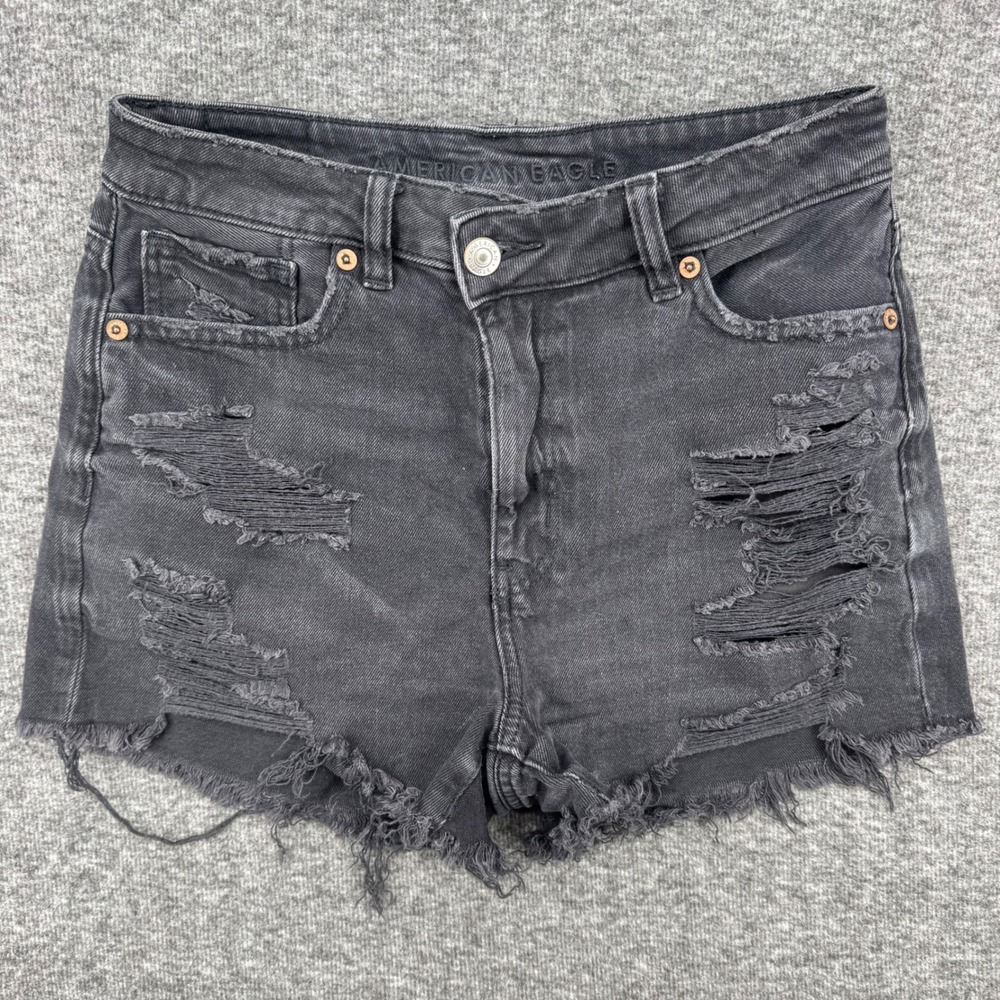 American Eagle Womens Mom Shorts Black Distressed High Waisted Denim Size 2